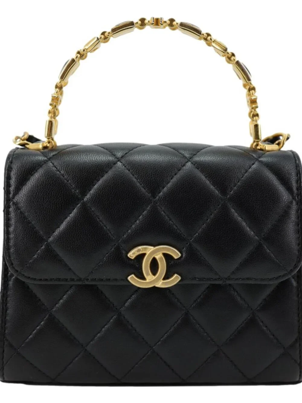 Chanel  Enamel Top Handle Flap Quilted Lambskin Leather Crossbody Bag Blac